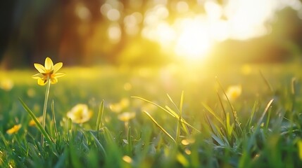 Poster - Single yellow flower in a field of grass, bathed in the warm golden light of a setting sun.  The bokeh effect creates a dreamy, peaceful atmosphere. : Generative AI