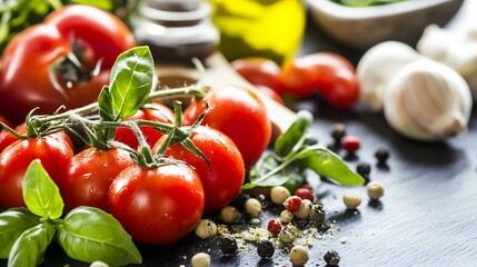 Aufkleber - Close-up of ripe red tomatoes on the vine, accompanied by fresh basil leaves and a scattering of peppercorns on a dark surface. : Generative AI