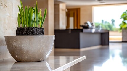 Poster - Modern gray stone planter with vibrant green plant sits on a marble surface in a contemporary lobby setting, showcasing natural light and minimalist design. : Generative AI