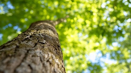 Fototapete - Close-up view of tree bark texture, sunlight filtering through lush green foliage overhead, creating a bokeh effect in the background. : Generative AI