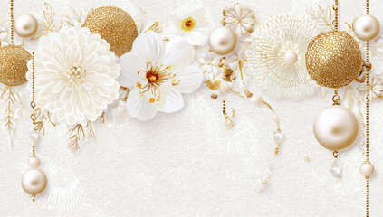 Fototapete - Elegant floral arrangement with gold accents and pearls, perfect for wedding invitations or luxury branding.  The image features white flowers, golden ornaments, and delicate pearl chains.