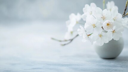 Aufkleber - Delicate white cherry blossoms arranged in a simple grey vase, sitting on a light blue textured surface.  A serene and minimalist springtime floral scene. : Generative AI