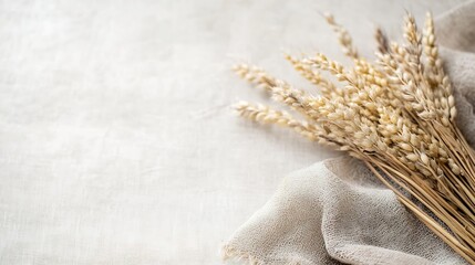 Poster - Dried wheat stalks arranged on beige linen fabric, minimalist autumnal still life photography with copy space. : Generative AI