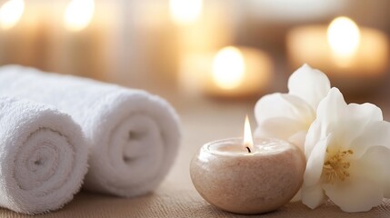 Leinwandbilder - Spa treatment scene with rolled towels, lit candle, and white flowers, creating a serene and relaxing atmosphere. : Generative AI