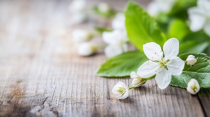 Aufkleber - Delicate white cherry blossoms with green leaves rest on rustic wooden surface, creating a serene spring scene. : Generative AI