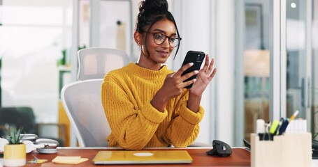 Aufkleber - Office, businesswoman and scroll with mobile for chat, online communication and typing on app. Glasses, female person and designer on break with smartphone, text message and reading on social media