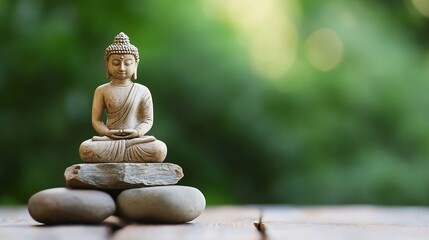 Leinwandbilder - Serene Buddha statue in meditation pose sits atop a stack of smooth grey stones against a blurred green background, conveying peace and tranquility. : Generative AI