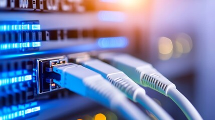 Fototapete - Close-up of fiber optic cables connected to a network switch, glowing blue lights illuminate the server rack, showcasing digital technology and high-speed internet infrastructure. : Generative AI