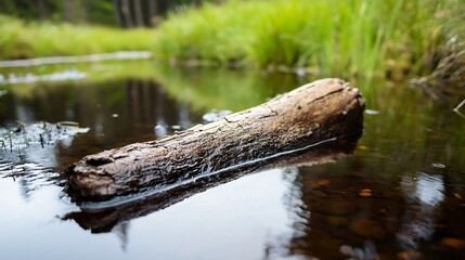 Fototapete - A weathered log floats serenely in a calm forest stream, its dark brown surface reflecting the tranquil water and surrounding greenery. : Generative AI