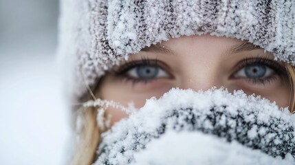 Poster - Close-up portrait of a young woman's face partially covered by snow, wearing a winter hat and scarf, her blue eyes visible. : Generative AI