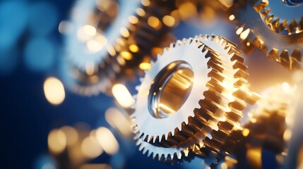 Fototapete - Close-up of interlocking metallic gears, gleaming with a golden light against a dark blue background, showcasing intricate details and precision engineering. : Generative AI