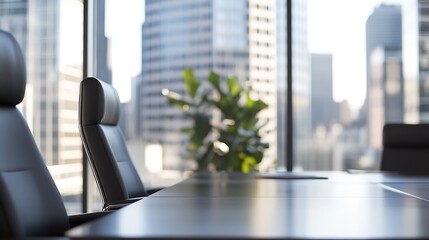 Poster - Empty modern conference room with large windows overlooking a city skyline, showcasing sleek black leather chairs and a polished table, ready for a business meeting. : Generative AI