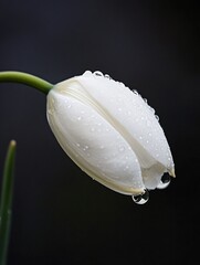 Aufkleber - Close-up of a single white tulip covered in dew drops, elegantly bending against a dark background.  The water droplets glisten, highlighting the delicate petals. : Generative AI