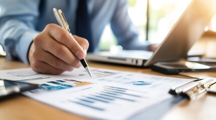 Poster - Close-up of a businessman's hand meticulously reviewing financial charts and graphs, using a pen to annotate key data points on a clipboard. : Generative AI