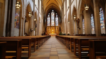 Poster - Empty church aisle with wooden pews leading to an altar, featuring stained glass windows and ornate architecture, creating a serene and peaceful atmosphere. : Generative AI