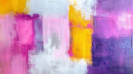 Fototapete - Abstract painting with vibrant hues of pink, purple, yellow, and white, showcasing textured brushstrokes and a dynamic interplay of colors. : Generative AI
