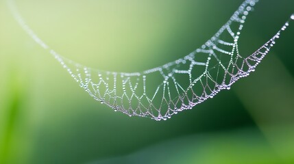 Poster - A delicate spiderweb, adorned with glistening morning dew, stretches across a soft green background, creating a serene and ethereal scene. : Generative AI
