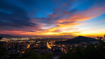 Poster - Vibrant sunset over a sprawling city skyline, illuminated buildings and streets at dusk, mountains in the distance under a fiery orange and blue sky. : Generative AI