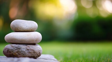 Fototapete - Three smooth, grey stones balanced on each other outdoors, set against a blurred green garden background, conveying serenity and balance. : Generative AI