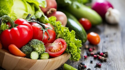 Aufkleber - Fresh, vibrant vegetables in a wooden bowl: red bell peppers, tomatoes, broccoli, cucumber, and lettuce, creating a healthy and appetizing still life. : Generative AI