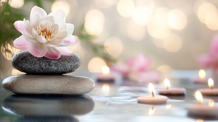 Aufkleber - Serene spa scene: pink water lily atop stacked stones, reflected in calm water with softly glowing candles, creating a peaceful and tranquil atmosphere. : Generative AI