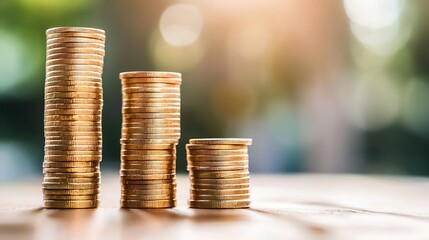 Poster - Three stacks of gold coins on a wooden surface, representing financial growth or investment, with a blurred green background suggesting nature or prosperity. : Generative AI