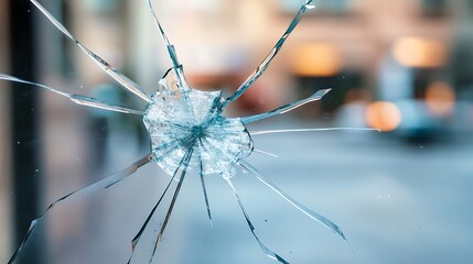 Leinwandbilder - Close-up view of a shattered glass pane, showing radial cracks emanating from a central impact point.  The blurry background suggests an urban or city setting. : Generative AI