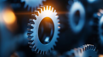 Fototapete - Close-up of metallic gears intermeshing, showcasing intricate details and a dynamic interplay of light and shadow, creating a sense of industrial precision and complex machinery. : Generative AI