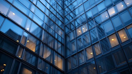 Leinwandbilder - Modern glass skyscraper facade at dusk, showcasing a geometric pattern of windows reflecting city lights and twilight sky. : Generative AI