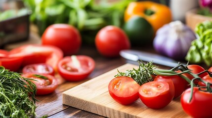 Poster - Close-up of ripe red tomatoes on a wooden cutting board, surrounded by fresh herbs and other vegetables, suggesting a healthy cooking preparation. : Generative AI