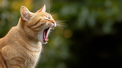 Aufkleber - Ginger cat yawning widely, profile view against a blurred green background.  The cat's fur is a rich orange, and its expression is relaxed. : Generative AI