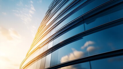 Fototapete - Modern glass skyscraper facade reflecting sunset clouds, architectural detail, curved building exterior, urban scene, contemporary design, blue and gold hues. : Generative AI