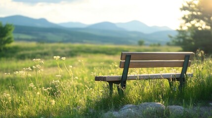 Poster - Serene wooden park bench overlooking a tranquil mountain landscape bathed in the warm glow of sunset, surrounded by tall grass and wildflowers. : Generative AI
