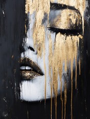 Aufkleber - Abstract portrait of a woman's face, painted in black, gold, and white, with dripping paint effects creating a textured, dramatic look. : Generative AI
