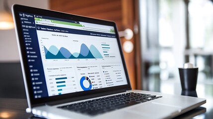 Leinwandbilder - Laptop displaying graphs and charts on a screen, showing business analytics data, sitting on a table in a modern office setting. : Generative AI