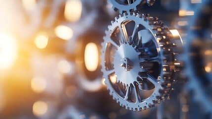 Fototapete - Close-up of intricate metallic gears intermeshing, showcasing precision engineering and complex machinery in warm, golden light. : Generative AI