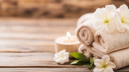 Aufkleber - Spa serenity: Beige towels neatly stacked, adorned with delicate white flowers and a softly glowing candle, rest on a rustic wooden surface. : Generative AI