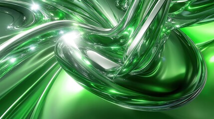 Poster - Abstract Shiny Green Metallic Swirls Background with Smooth Glossy Curves a Modern Design Element for Decoration and Presentations