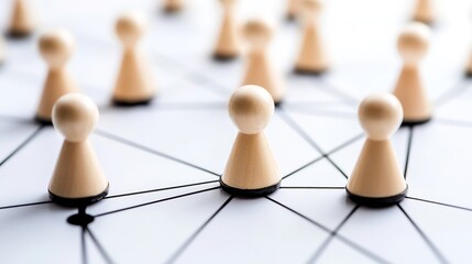 Aufkleber - Network connection concept: Beige wooden pegs linked by black lines on a white surface, illustrating interconnectedness and communication. : Generative AI