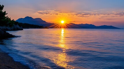 Poster - Serene sunset over the calm sea, with sun rays reflecting on the water and silhouetted mountains in the background, creating a picturesque coastal scene. : Generative AI