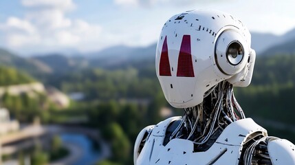 Fototapete - Close-up view of a futuristic white robot's head and neck, intricate wiring visible against a blurred mountain landscape background. : Generative AI