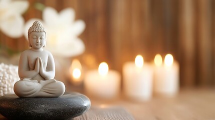 Leinwandbilder - Serene Buddha statue meditating on a smooth grey stone, surrounded by soft white flowers and warm candlelight, creating a peaceful and tranquil atmosphere. : Generative AI