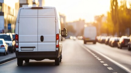 Poster - White delivery van driving on a city street at sunset, rear view.  Traffic blurred in the background, warm golden light. : Generative AI