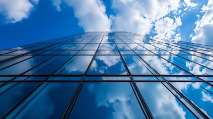Aufkleber - Modern skyscraper facade reflecting a vibrant blue sky and fluffy white clouds, showcasing a striking geometric pattern of glass and steel. : Generative AI