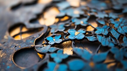Aufkleber - Close-up view of intricate blue floral metalwork, showcasing detailed craftsmanship and a textured surface with hints of gold accents. The image evokes a sense of artistry and elegance : Generative AI