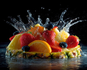 Aufkleber - A vibrant pineapple fruit salad is splashed with water, showcasing juicy strawberries, oranges, blueberries, and pineapple chunks in a dynamic composition.