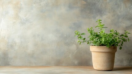 Aufkleber - A terracotta pot containing a vibrant green plant sits on a wooden surface against a textured, grey wall.  The scene evokes a feeling of calm and natural beauty. : Generative AI