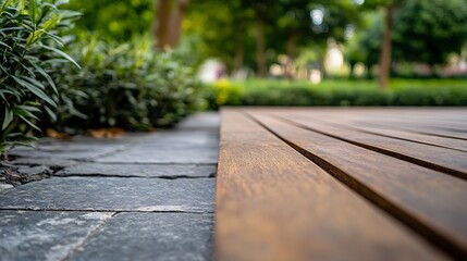 Aufkleber - Close-up view of a wooden deck adjacent to a stone pathway, surrounded by lush green foliage in a tranquil park setting. : Generative AI