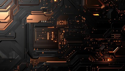 Leinwandbilder - Detailed Macro Shot of a Complex Circuit Board Featuring Copper Traces and Integrated Components with a Futuristic and Modern Design on Black Background