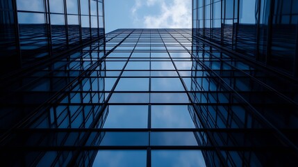 Aufkleber - Modern skyscraper facade reflecting blue sky and clouds, showcasing a geometric pattern of glass panels and metal frames, creating a sense of depth and architectural precision. : Generative AI